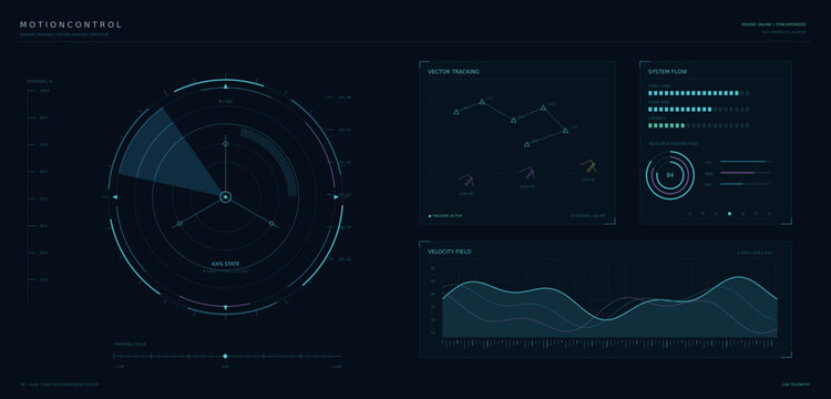 Futuristic HUD dashboard vector, sci-fi user interface with radar screen and data charts, dark blue tech control panel