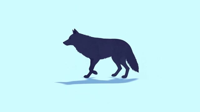 Wolf Silhouette Standing in Profile Against Light Blue Background with Long Shadow