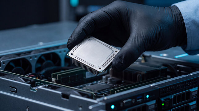 Professional technician installing holding processor module computer hardware component carefully focused precision engineering maintenance