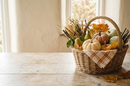 Wicker handle basket filled with gourds wheat and pears on wooden table