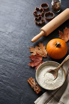 rolling pin and leaf cookie cutters beside flour bowl on dark slate