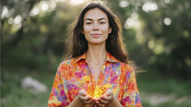 Woman in vibrant floral shirt holding glowing light outdoors in nature