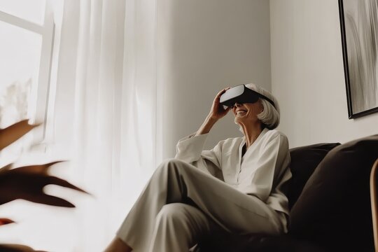 Elderly woman enjoying virtual reality experience in bright minimalist living room
