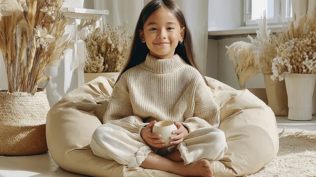 Cozy autumn vibes: girl relaxing indoors with warm drink and dried flowers