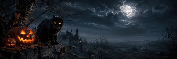 Obraz premium Black cat with glowing yellow eyes sitting on stone wall beside carved halloween pumpkins under full moon. Spooky castle in misty night landscape. Banner with copy space
