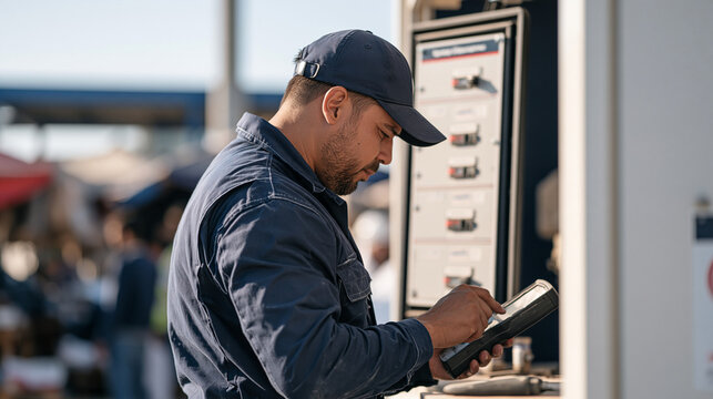 Generator installation technician scanning equipment barcodes systematically in a vibrant open air market setting, a large control panel with labeled switches standing upright