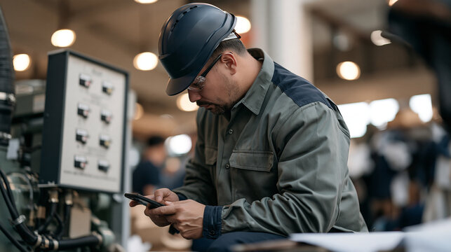 Generator installation technician scanning equipment barcodes systematically in a vibrant open air market setting, a large control panel with labeled switches standing upright