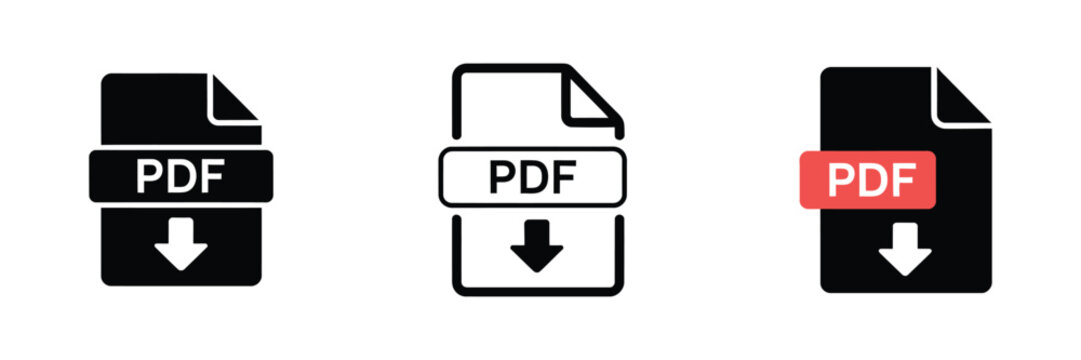 PDF file download icon set with document symbols and file format indicators for web interfaces, digital downloads, and document management