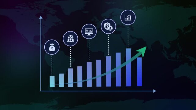Financial growth chart animation with rising arrow, secure digital finance, investment, wealth management and business analytics icons