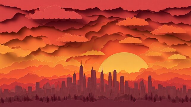Paper cut cityscape featuring vibrant orange sunset clouds and silhouettes of tall buildings crafted in layers of colorful creative art