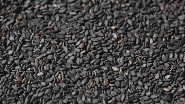 Detailed closeup of black sesame seeds shows natural grain pattern across textured food surface.