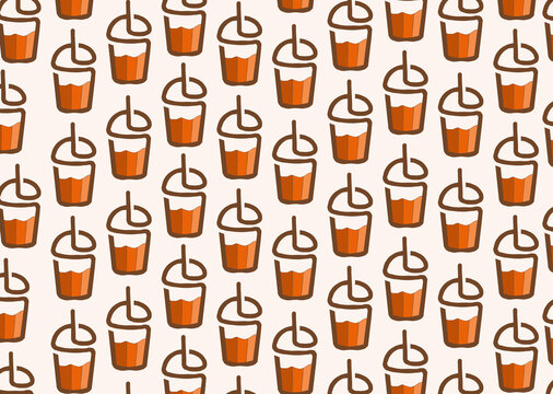 Seamless Pattern of Illustrated Iced Coffee Cups and Takeaway Drink Containers