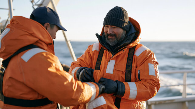 Inuit fishing crew member helping a colleague don a marine immersion suit on a small working vessel deck, urgency and teamwork in posture, rough arctic water visible over railing,