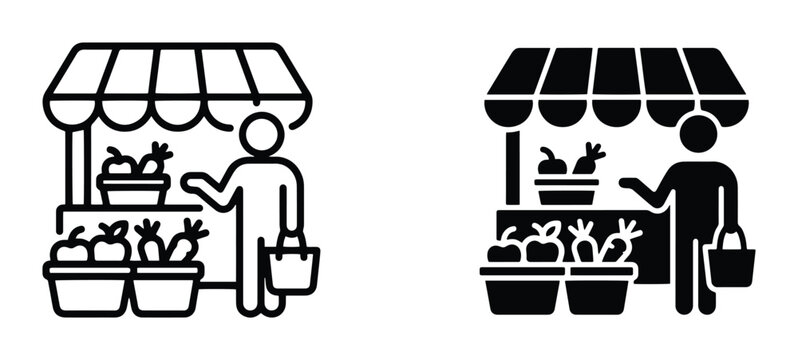 Farmer's Market Stall Icons, Fresh Produce Stand, Grocer, Shopping Bag, Vector Graphics