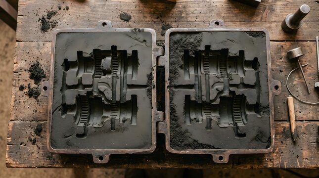 Industrial sand casting mold for metal parts, traditional foundry casting process, open sand mold on wooden workbench in workshop
