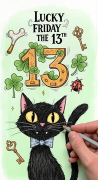 Black cat illustration for Lucky Friday the 13th with clovers horseshoe keys and ladybug symbols