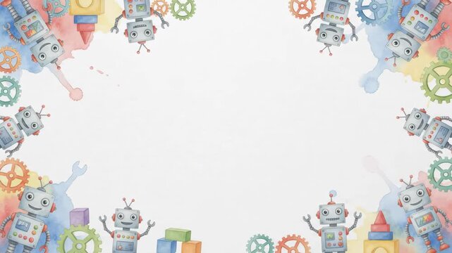 Watercolor illustration of cute robots and gears forming a playful border on a white background, perfect for children's designs.