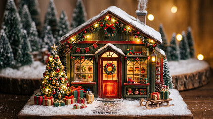 Fototapeta premium Miniature Christmas shop diorama with glowing lights and wrapped gifts