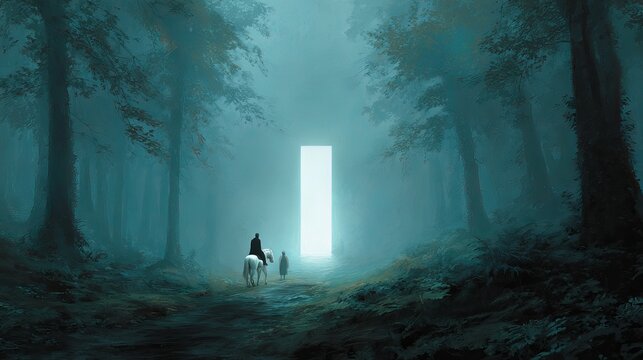 Mysterious traveler riding white horse through dark foggy forest toward bright glowing portal in painterly digital fantasy art style scene