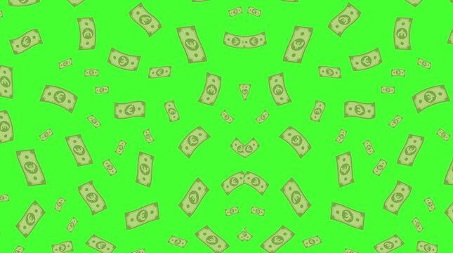 Falling Euro Money Bills Pattern Seamless Animation Green Screen Chroma Key Motion Graphic Video