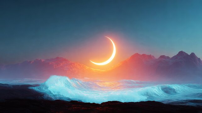 Glowing golden crescent moon rising above jagged misty mountain peaks overlooking turbulent ocean waves during a serene dark blue twilight