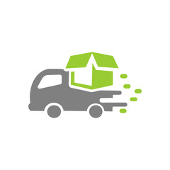 Naklejka premium A grey delivery truck carrying a green shipping box with motion lines, set against a plain white background.
