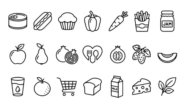 Food, Fruits & Grocery Gray Thin Line Vector Icons