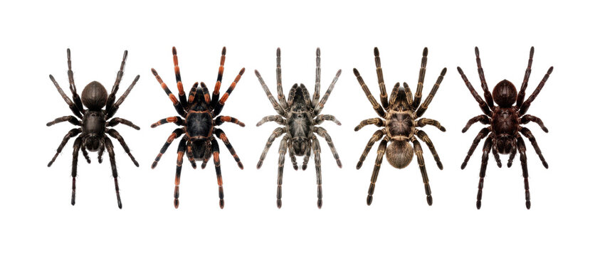PNG Five varied tarantulas displayed in a row on a white background