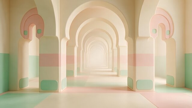 Pastel Architectural Corridor with Arches 3D Illustration