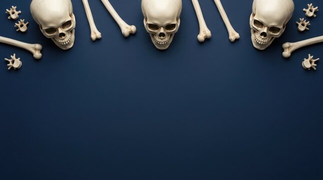 A spooky halloween scene featuring skeletal remains arranged on a dark textured background perfect for eerie designs