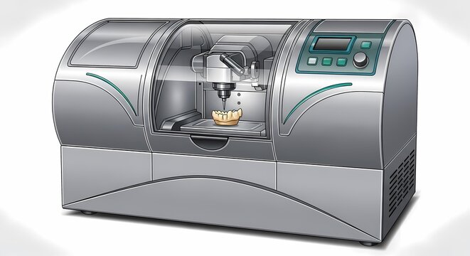 Automated dental CAD CAM milling machine carving a ceramic prosthetic crown in a high-tech laboratory, showcasing digital dentistry technology and precise medical manufacturing.