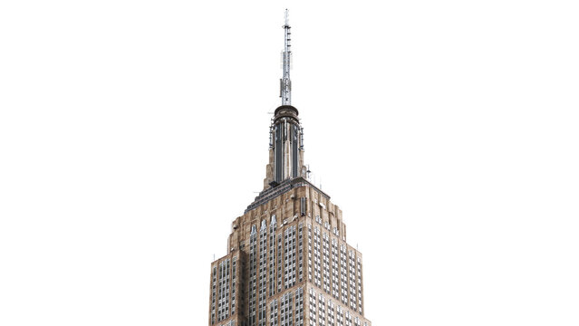 3D illustration of the iconic Empire State Building in New York City, low-angle perspective showing the Art Deco spire, isolated on transparent background.