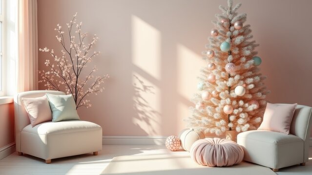 Photorealistic pastel Christmas interior, dusty pink, pale mint and cream ornaments, delicate tree decorations, soft boucle furniture, morning sunlight
