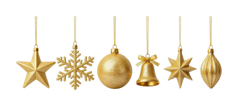 PNG Golden Christmas ornaments with star, snowflake, ball, bell, finials