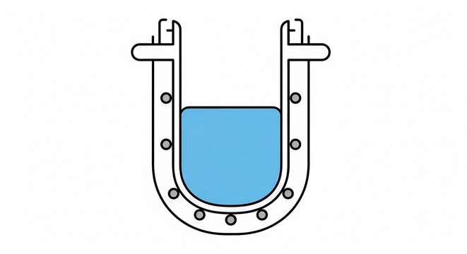 Industrial automatic whisk schematic illustration showing mechanical mixer component with blue liquid in a U-shaped container for food processing or laboratory use.