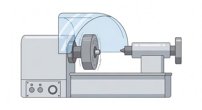 Industrial metal lathe machine with protective safety shield for precision engineering and manufacturing illustration on white background.