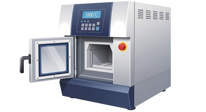 Industrial high temperature muffle furnace with digital display at 1600 degrees Celsius and open door for laboratory heat treatment and material testing.
