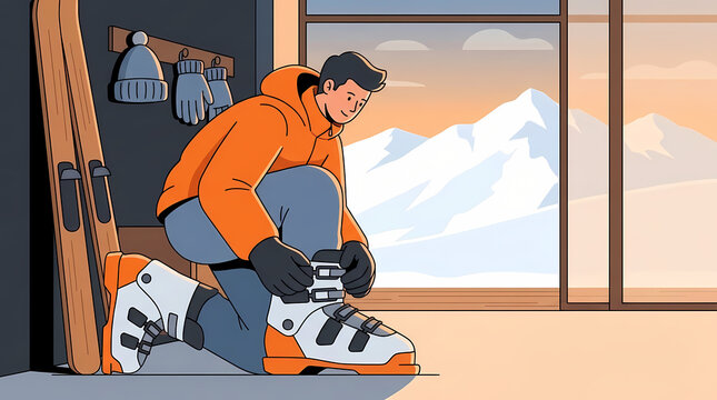 Man in orange jacket fastening ski boots with snow-capped mountains outside