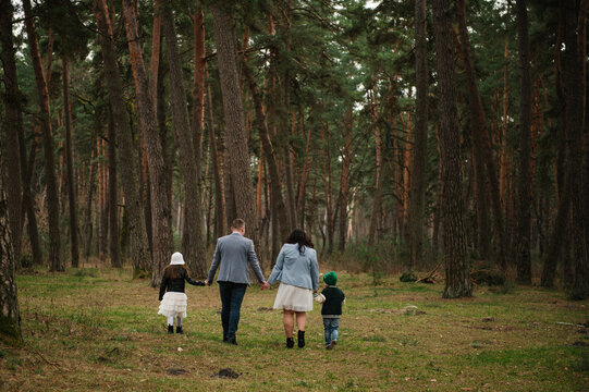 Holding hands. Happy family with mom, dad, son, and daughter walking together through a vast pine forest. Back view.