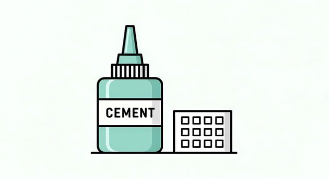 Minimalist flat vector illustration of a plastic cement adhesive bottle and scale model building component, ideal for hobbyist, DIY craft, and miniature assembly concepts.