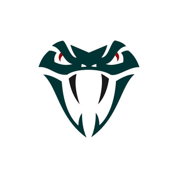An aggressive dark teal and black vector mascot logo of a venomous snake's head with sharp fangs against a white background.