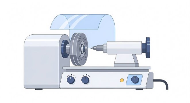 Mini metal lathe machine for precision engineering and industrial manufacturing, automated benchtop tool for turning and metalworking, vector illustration isolated on white background.