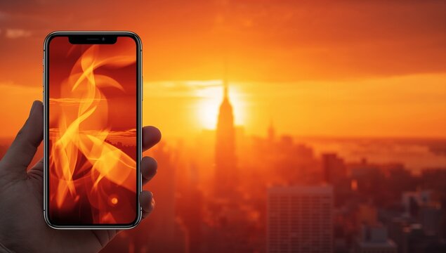 Hand holding smartphone with abstract fire screen against city sunset