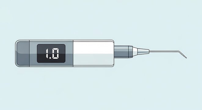 Modern digital dental apex locator or electronic medical probe instrument with LCD screen showing numeric data, isolated on a light background for healthcare and dentistry concepts.