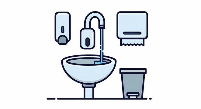 Modern flat vector illustration of a public restroom sink area featuring an automatic faucet, soap dispenser, paper towel holder, and trash bin.