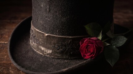 Fototapeta premium Elegant Vintage Ornate Felt Top Hat with a Red Rose on Dark Wooden Background