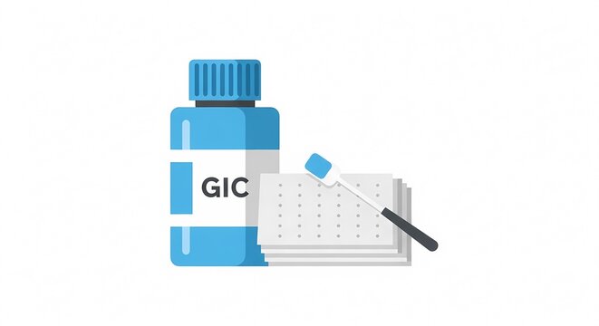 Restorative dental glass ionomer cement GIC kit with blue bottle mixing pad and applicator spatula illustration isolated on white background for professional medical use