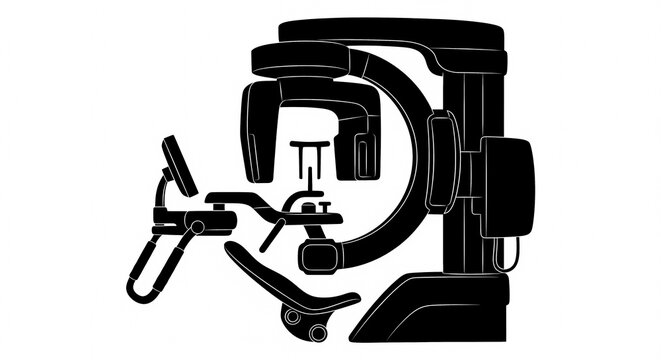 Silhouette of a modern panoramic dental X-ray machine. Professional diagnostic equipment for stomatology and maxillofacial imaging on white background.