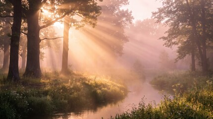 Fototapeta premium Sunlight rays breaking through trees in a misty morning forest near a river