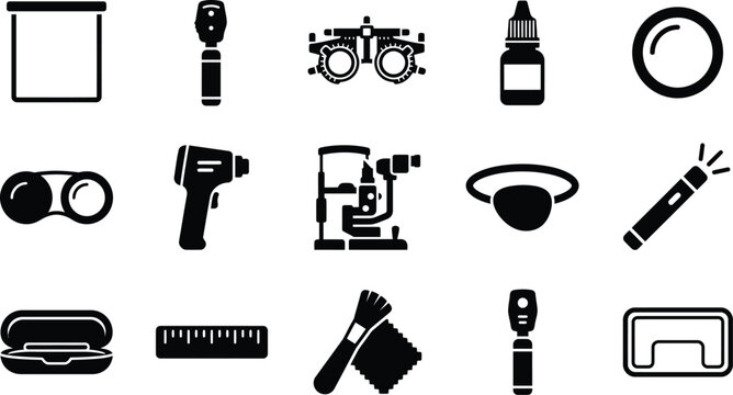 Set of black and white icons representing various medical equipment used in professional optometry and eye examination